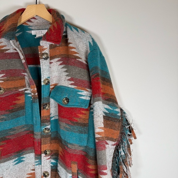 L.I.F.E. BOHO Southwestern Rodeo Button Up Down Shacket Jacket Fringe Medium - Picture 3 of 5